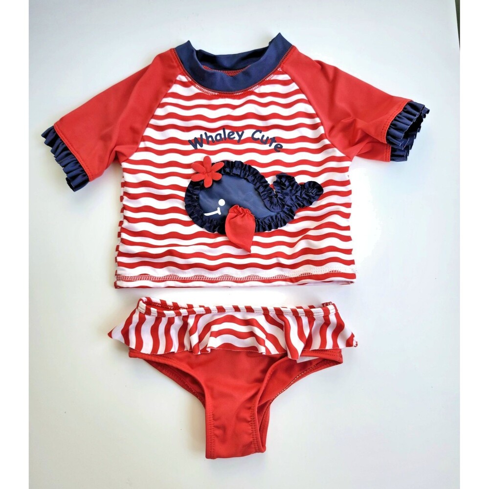 Wippette Toddler Whale Rashguard Swimsuit 24M – Red Nautical Whale Two‑Piece